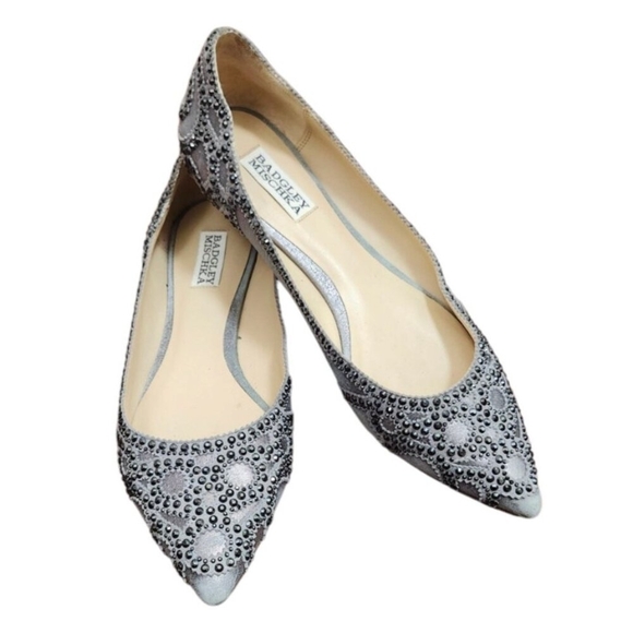 Badgley Mischka Gunmetal Gigi Crystal Platinum Pointed Toe Ballet Flats Shoes 9 - Picture 2 of 15